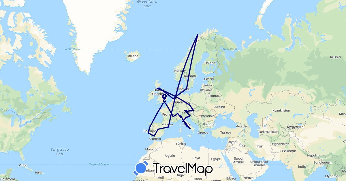 TravelMap itinerary: driving in Austria, Switzerland, Czech Republic, Germany, Denmark, Spain, France, United Kingdom, Italy, Netherlands, Norway, Portugal, Slovenia (Europe)